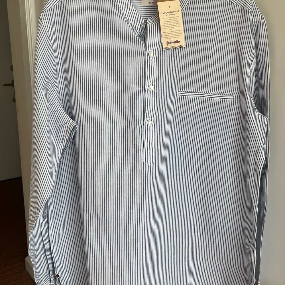NWT White & Blue Striped Men's Kurta Shirt 100% cotton band collar cuffed Large